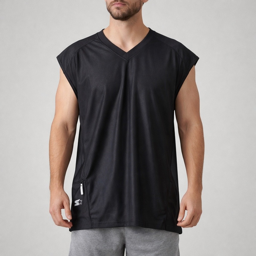 Vintage Starter Black Mesh Sleeveless V-Neck Shirt Zipper Pocket Men's L
